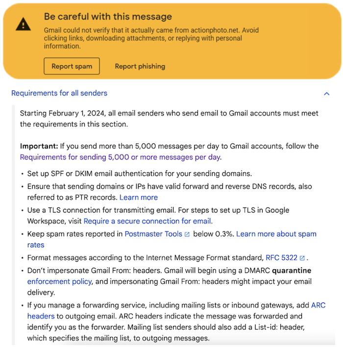 image of Gmail Sender Guidelines and Suspicious Email Warning